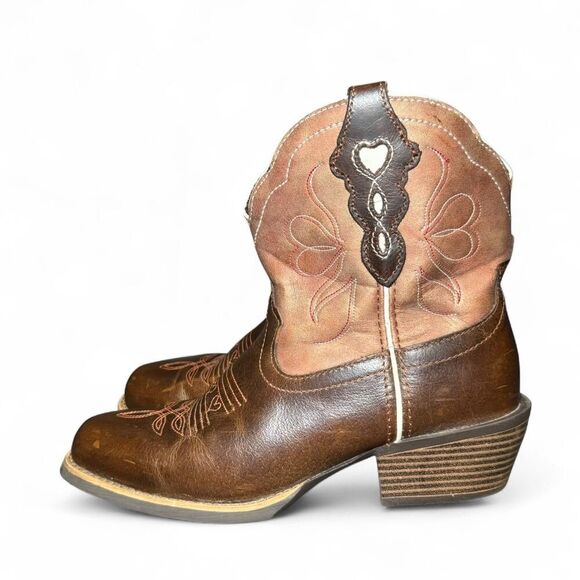 Justin Women’s Western Cowboy Boots Size 8B Brown Leather Heart Inlay Square Toe - Picture 1 of 7